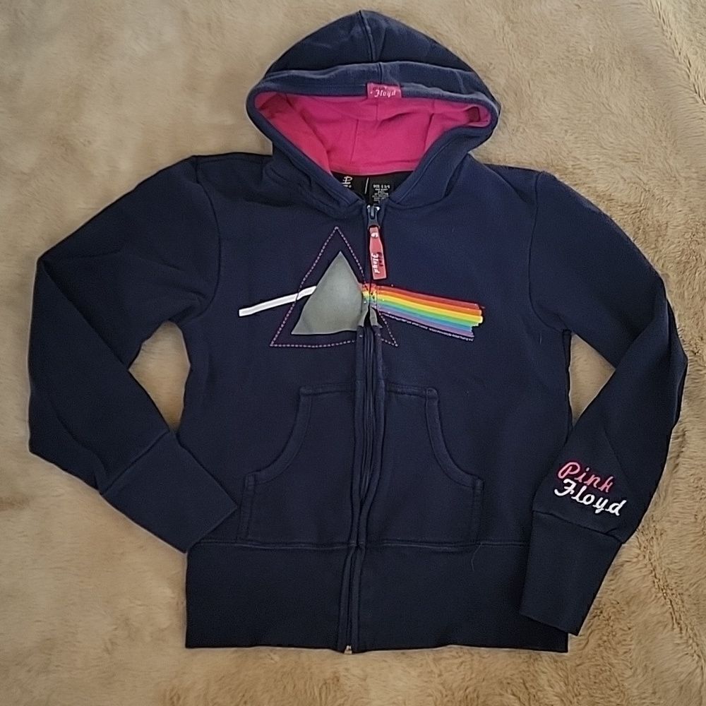 PINK FLOYD NAVY BLUE AND PINK GRAPHIC ZIP-UP HOODIE, SIZE 3-5